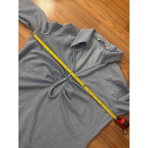 Zara Icy Blue Metallic Collared Keyhole Cutout Long Sleeve Top Size XL - Picture 6 of 8